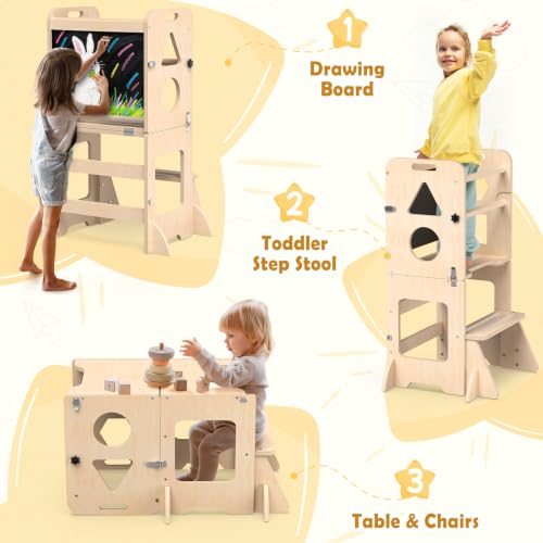4-in-1 Wooden Toddler Learning Tower & Kitchen Step Stool with Blackboard