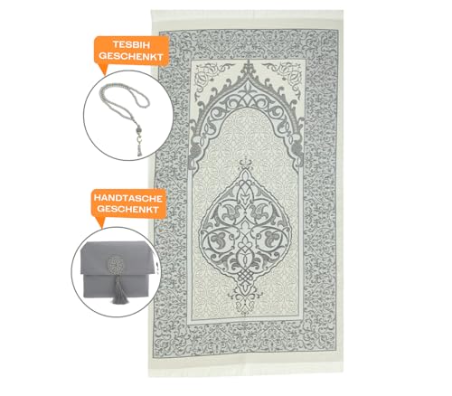 Turkish Cotton Prayer Rug Set with Tasbih Beads and Portable Travel Bag