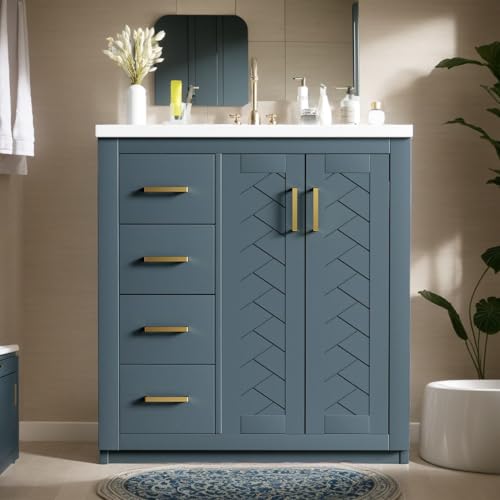 30-Inch Bathroom Vanity with Ceramic Sink, Blue Freestanding Storage Cabinet