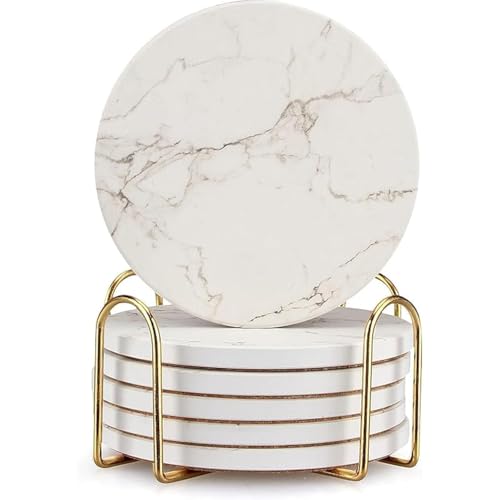 White Marble Coasters Set of 6 with Cork Non-Slip Bottom and Gold Holder - Absorbent Ceramic Drink Coasters