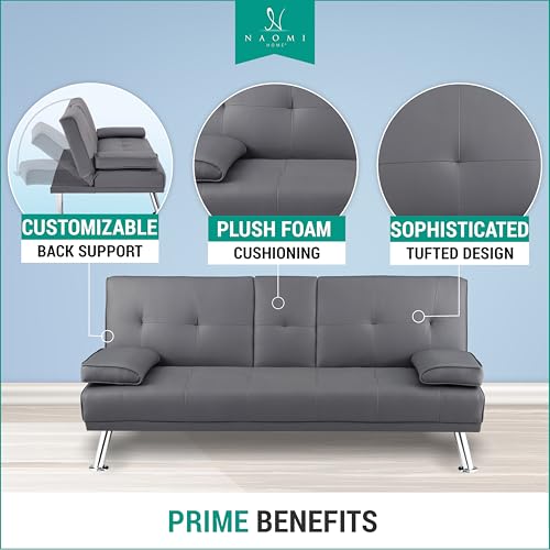 Convertible Faux Leather Futon Sofa Bed with Cupholders and Armrests