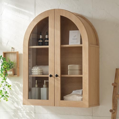 Arched Bathroom Wall Cabinet with Glass Doors and Adjustable Shelves