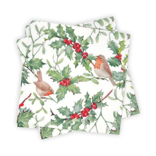 Christmas Bird and Holly Cocktail Napkins - Pack of 100 for Holiday Parties