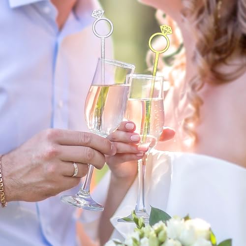 SiliFine 30 Pcs Diamond Ring Drink Stirrers - Golden & Silver Wedding Cocktail Picks