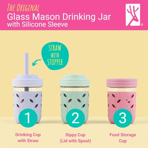 Kids Glass Mason Jar Cups with Silicone Sleeves and Straws, 4 Pack, 8oz