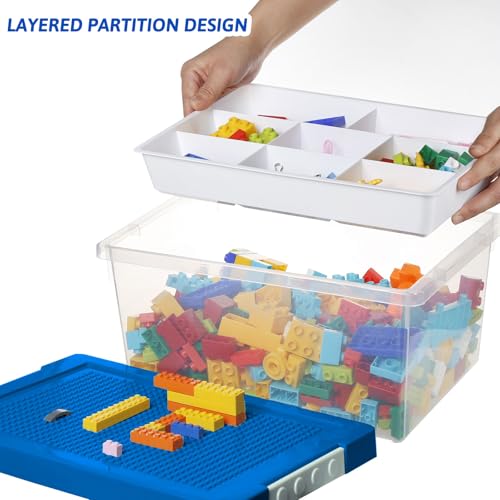 Stackable Plastic Storage Bin with Divided Tray & Building Block Baseplate Lid