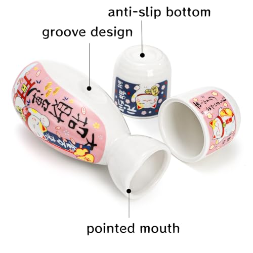 Goaste Ceramic Japanese Sake Set with 4 Cups & 1 Bottle - Maneki Neko Fortune Cat Pattern