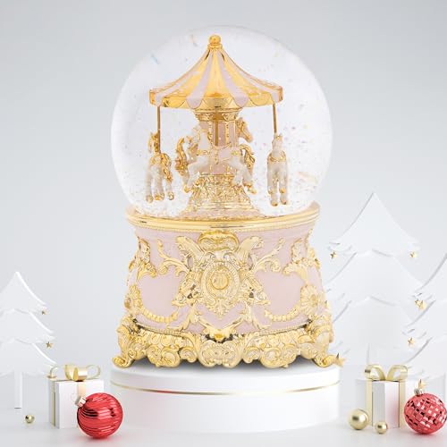 7.1-Inch Rotating Carousel Snow Globe Music Box - Gold and Pink