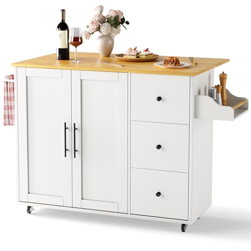 49.6-Inch Rolling Kitchen Island with Drop Leaf, Storage Cabinet, and Spice Rack