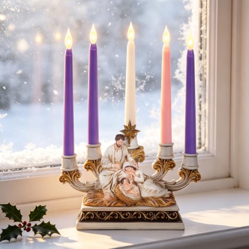 Large Holy Family Nativity Advent Candle Holder - 13.8" White Resin