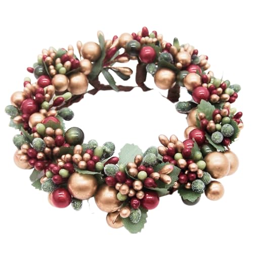 Beaded Berry Wreath Pillar Candle Holder Ring - 6.5 Inch Holiday Decor