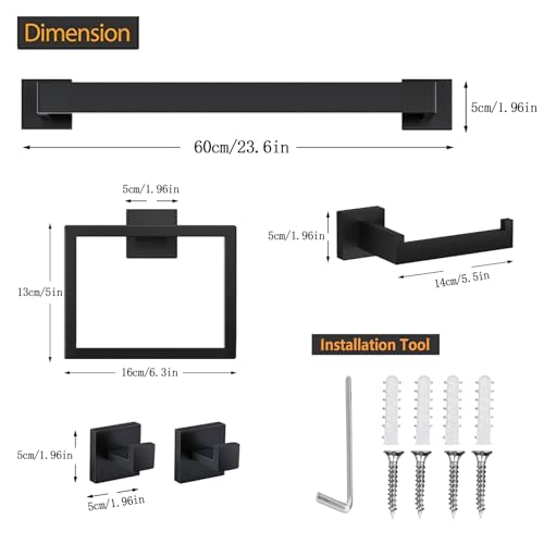 JOPOFI 5-Piece Matte Black Bathroom Hardware Set with 23.6-Inch Towel Bar