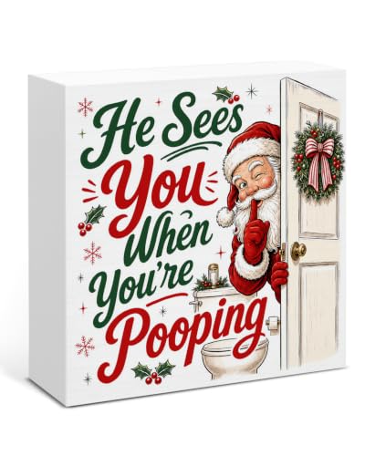 SOFEGY Funny Christmas Bathroom Decorations—He Sees You When You're Pooping Sign (Bathroom Variation)