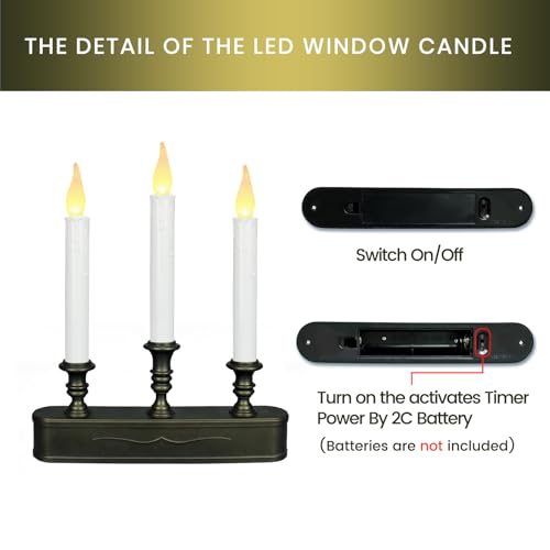 LitTerra Battery Operated Window Candle with Timer - 3 LED Antique Bronze Flickering Flames