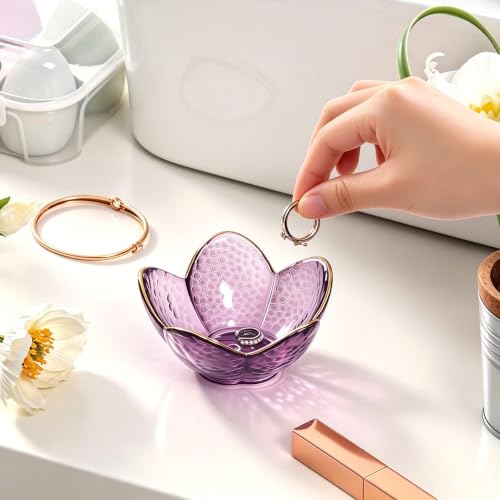 Purple Flower Glass Ring Holder Dish and Jewelry Tray Vanity Organizer