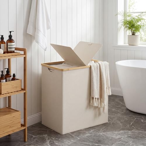 140L Double Laundry Hamper with Lid and Removable Bags, Bamboo Handles
