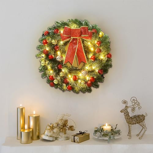 16-Inch Pre-Lit Christmas Wreath with Metal Hanger and LED Lights