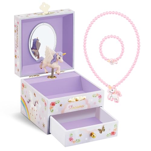 Musical Jewelry Box for Girls with Unicorn and Drawer, Purple