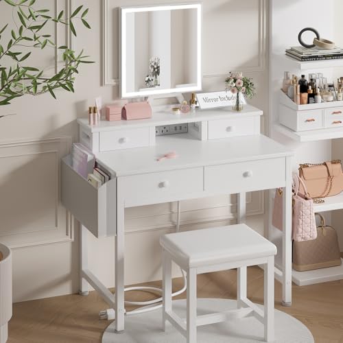 Makeup Vanity Desk with LED Mirror, Power Outlet, and Stool