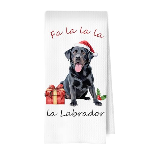 Christmas Black Labrador Kitchen Towels - Funny Dog Gift Waffle Dish Towel, 16x24 Inches