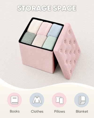 Velvet Tufted Storage Ottoman Cube - Foldable Footstool with Padded Lid