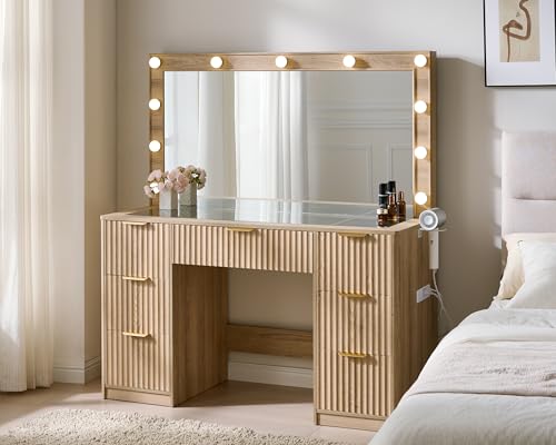 47-Inch Fluted Makeup Vanity Desk with Lighted Mirror and 7 Drawers