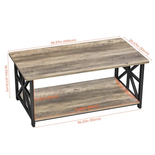 Rustic 39-Inch Round Corner Coffee Table with Storage Shelf, Gray Wash