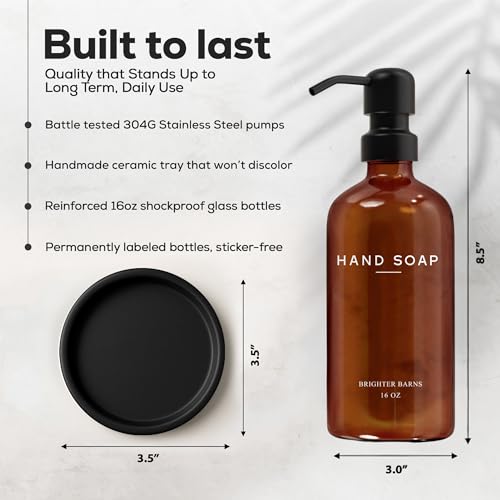 Amber Glass Hand Soap Dispenser Set with Ceramic Tray and Stainless Steel Pump