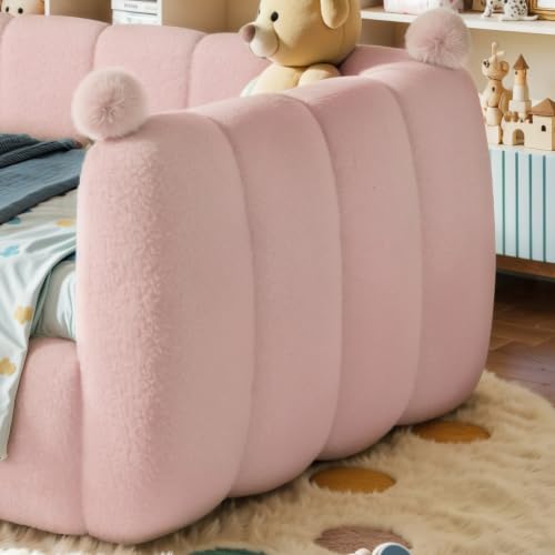 Twin Size Upholstered Montessori Floor Bed with Safety Rails, Pink