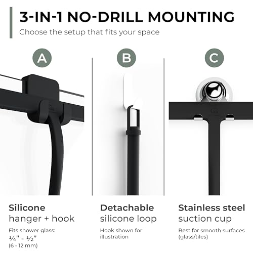 9-Inch Silicone Shower Squeegee with 3-in-1 No-Drill Mount, Matte Black