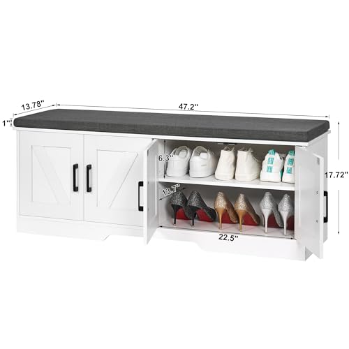 Farmhouse Shoe Storage Bench with 4 Barn Doors and Padded Seat Cushion