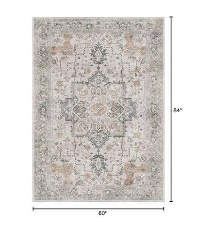 Vintage Floral Area Rug, 5x7 Washable Non-Slip Low Pile Carpet for Living Room