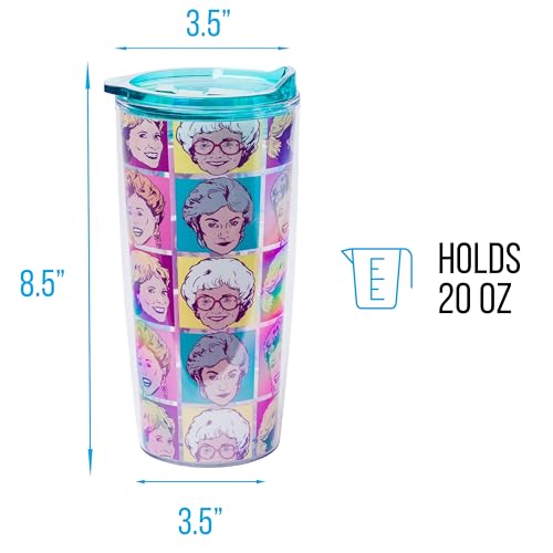 Silver Buffalo Golden Girls Character Grid Featuring Dorothy, Blanche, Rose, and Sophia Double Wall Travel Tumbler with Slide Close Lid, 20 Ounces
