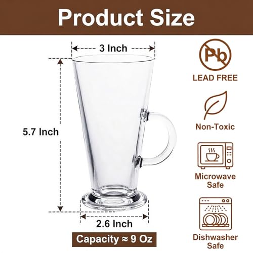 WUWEOT 6 Pack 9oz Irish Coffee Glass Mugs with Handle - Hot & Cold Drinkware