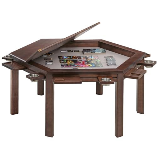 Hexagonal Solid Wood Game Table with Removable Top for Board Gaming & Dining