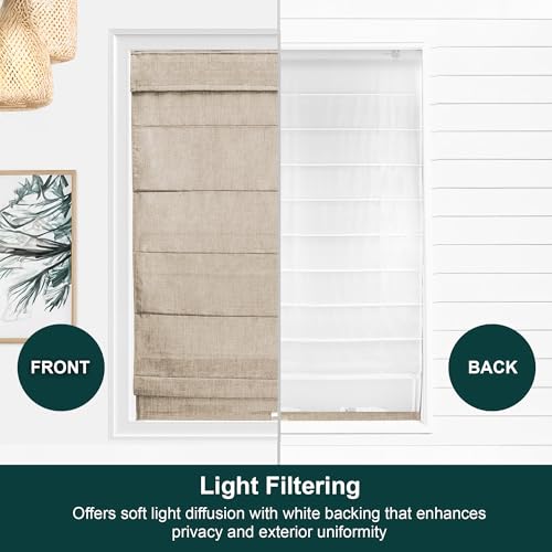 Cordless Roman Window Shade - 27" x 64", Belgian Flax Fabric, Room Darkening, Child-Safe