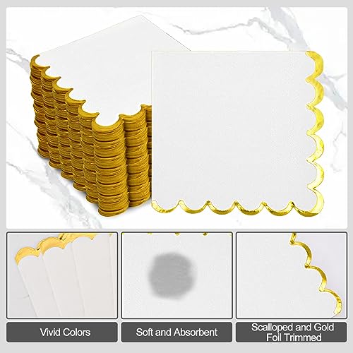 200 Pack White and Gold Scalloped Cocktail Napkins - Disposable Party Tableware