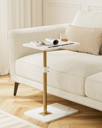 Adjustable C-Shaped Side Table, 360° Swivel Couch Snack Tray, Marble White