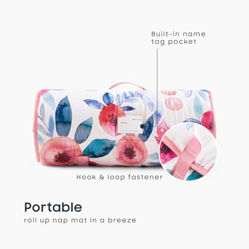Floral Toddler Nap Mat with Removable Pillow and Blanket, Mauve Pink