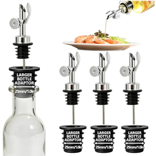 Silver 3 Pack Oil & Liquor Pour Spouts with Adapters, Auto Flip, Leak-Proof