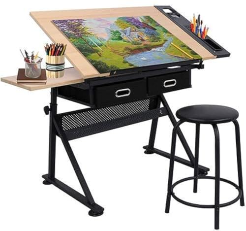Adjustable Drafting Table with Stool and 2 Drawers, Tilting Art Desk