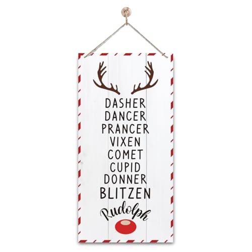 Reindeer Names Christmas Wooden Hanging Sign - Antler & Red Nose Pattern - Indoor Outdoor Xmas Party Decoration - Corner Wind - Variation 15