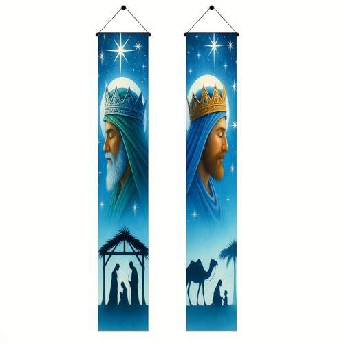 HOMETITUTE Blue Nativity Door Banner – Wise Man & Manger Scene, 11.8 x 70.9 in