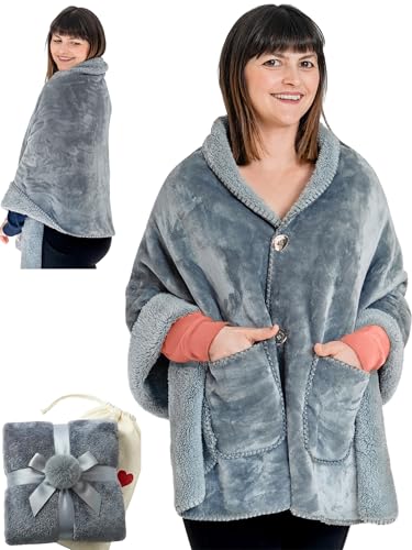 Double Layer Sherpa Poncho Blanket - Wearable Fleece Cape for Home