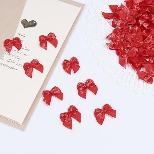 Loomesh Red Mini Bow Ribbons 1" Premade Small Craft Bows for Decorations (Pack of 100)