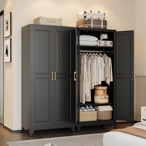 71-Inch Metal Wardrobe Closet with Hanging Rod and Adjustable Shelves