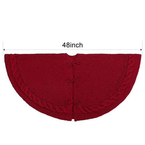 48-Inch Cable Knit Christmas Tree Skirt - Wine Red Rustic Farmhouse Decor