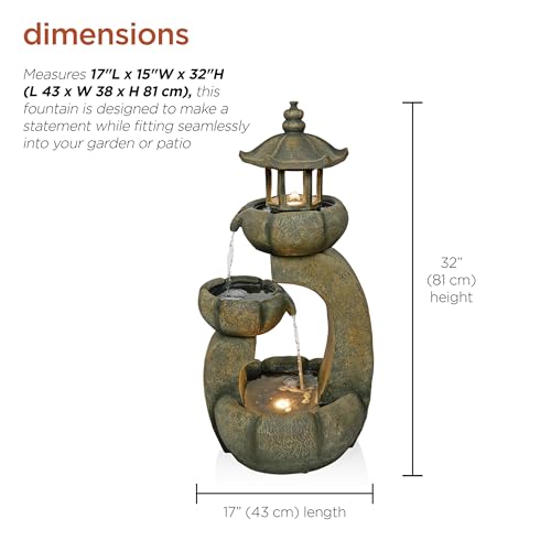 32-Inch 2-Tier Pagoda Fountain with LED Lights for Garden and Patio
