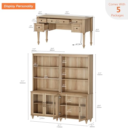 56" Executive Desk and 72" Tall Glass Door Bookcase Office Furniture Set