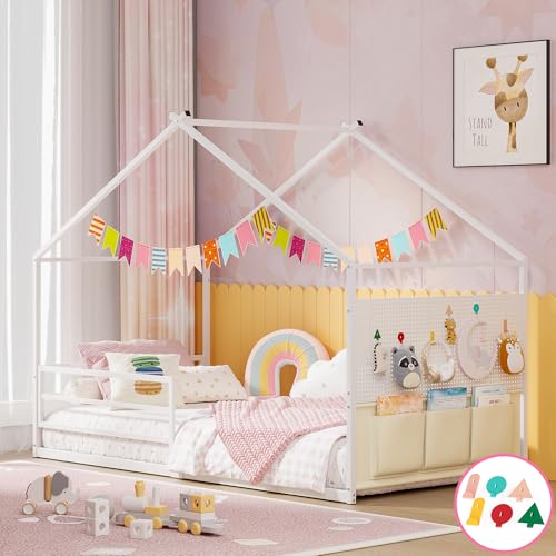 Twin Montessori House Bed Frame with Storage Caddy and Pegboard, White